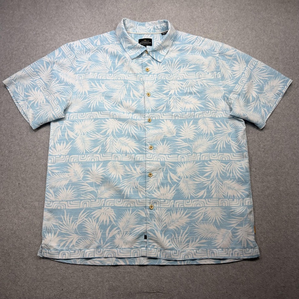 Quiksilver Waterman Shirt Mens XL Blue Floral Hawaiian Short Sleeve Button Surf